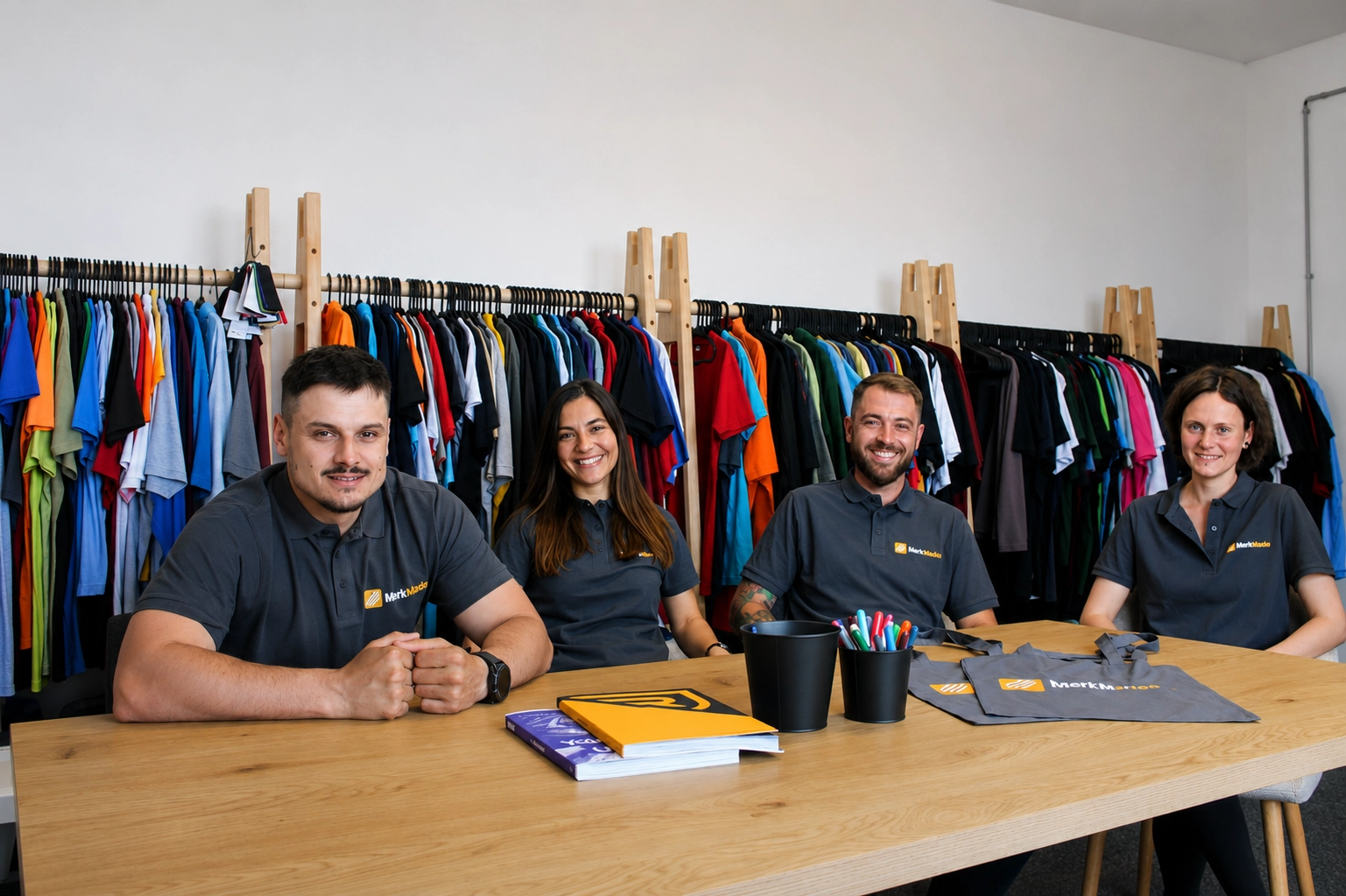 Tým Markmade v showroomu s firemním textilem
